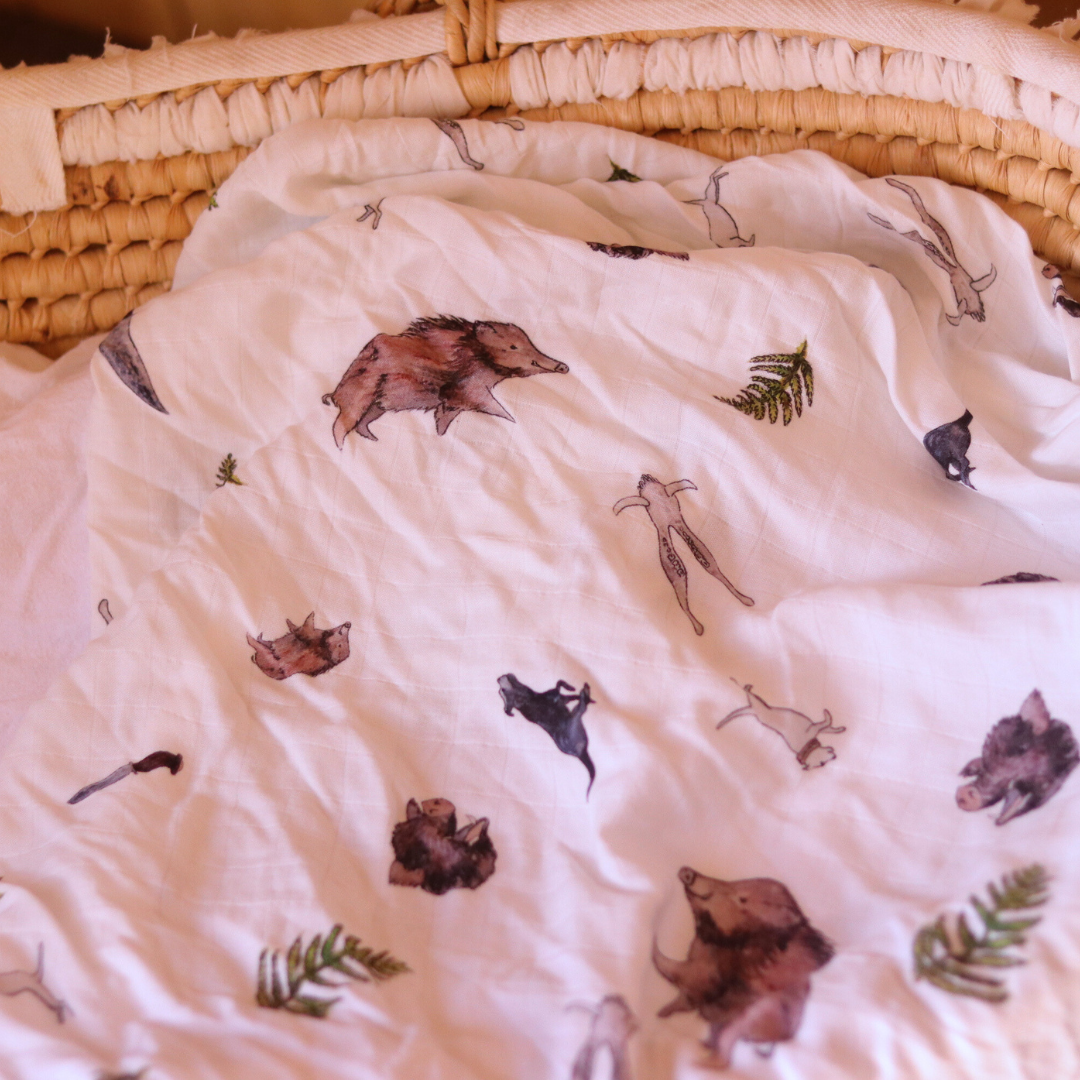 Pig Hunting White Bamboo Muslin Wrap