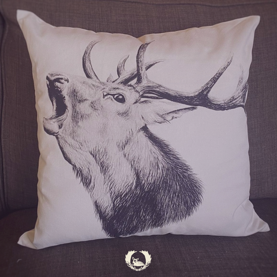 Hand drawn design cotton linen cushion,deer hunting,fishing,game themed homewares,sold by little fallow NZ