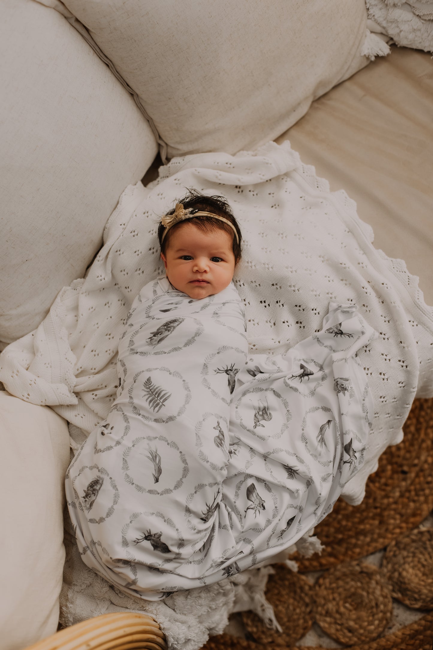 Whimsical Black & White Stretchy Bamboo Swaddle Wrap + Beanie