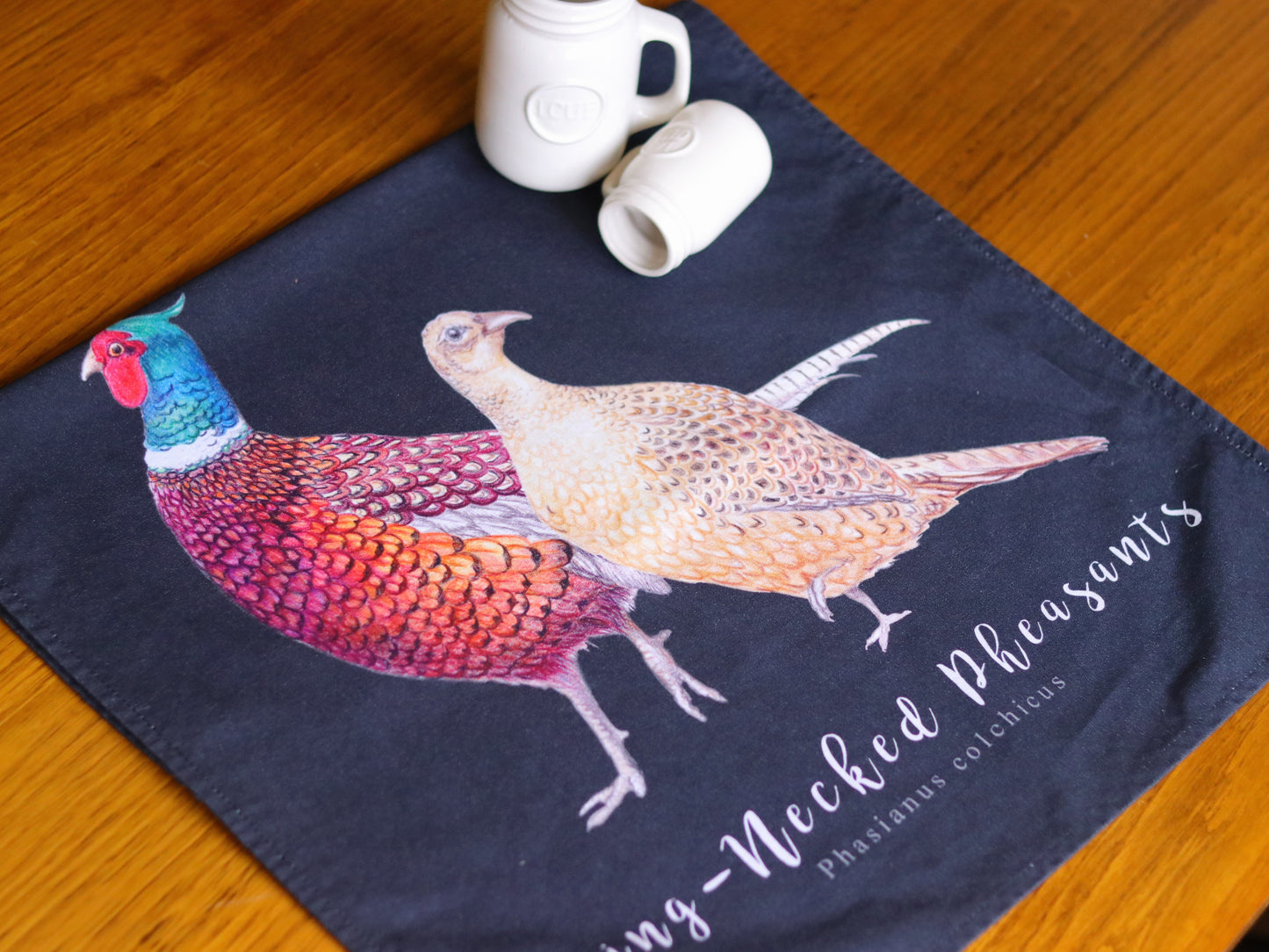 Pair of Ring-Necked Pheasants NZ Tea Towel - Black