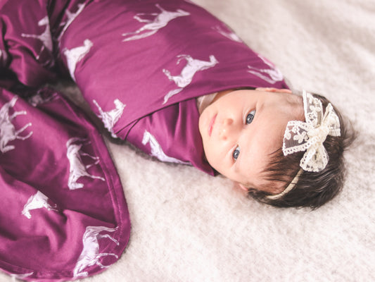 Vintage Horses - Bamboo Swaddle Wrap + Beanie - Fig