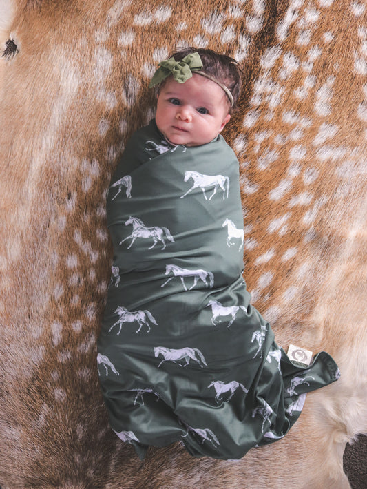 Vintage Horses - Stretchy Bamboo Swaddle Wrap + Beanie - Olive