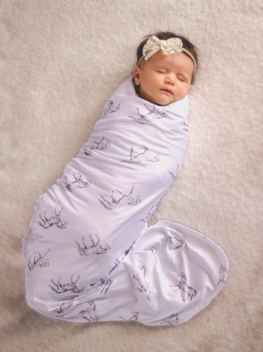 Vintage Horses - Stretchy Bamboo Swaddle Wrap + Beanie - White