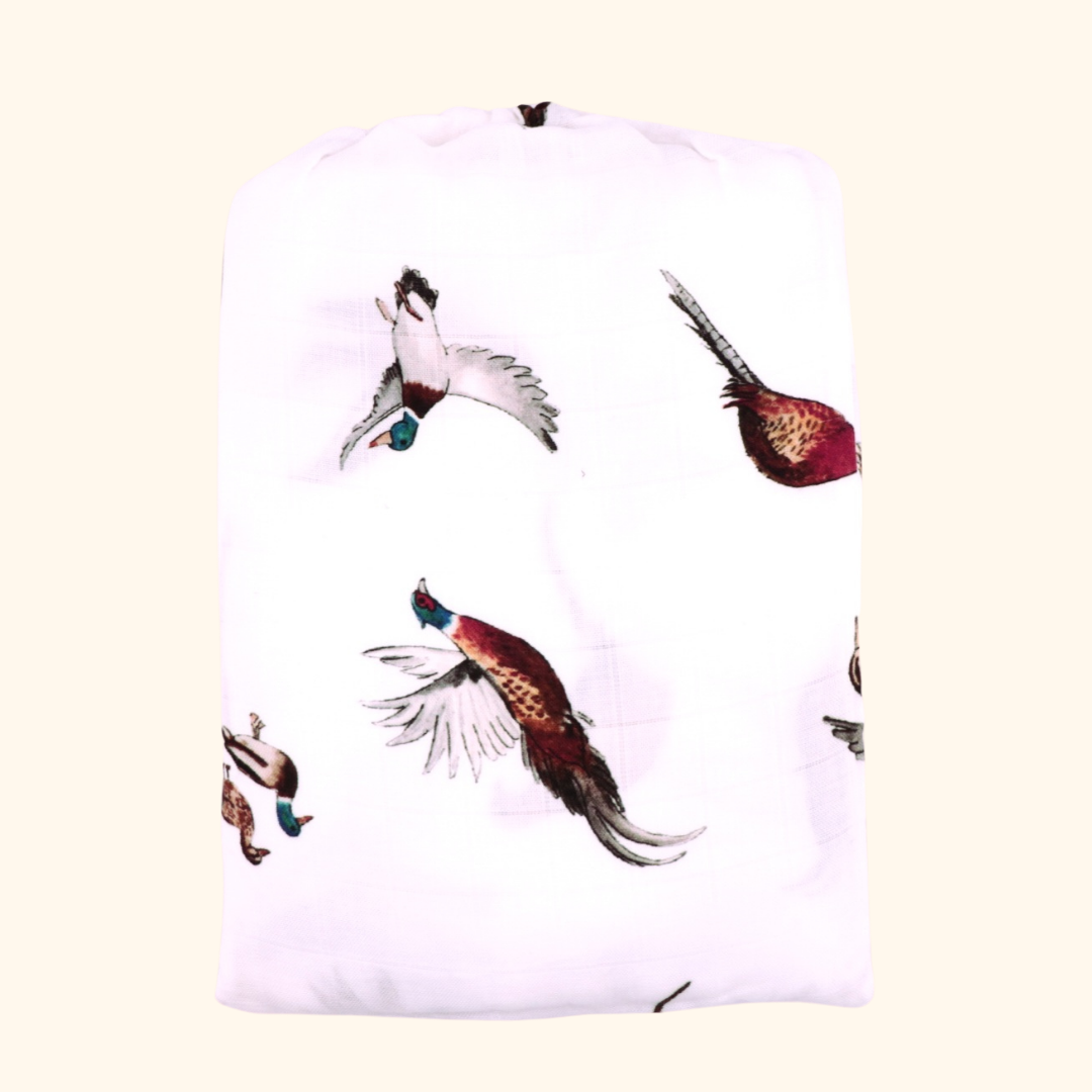 Pheasants & Ducks White Bamboo Muslin Wrap