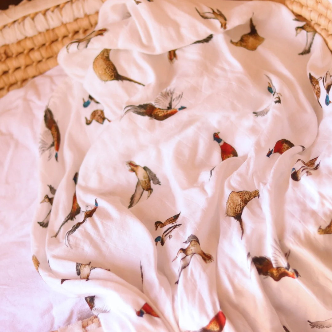 Pheasants & Ducks White Bamboo Muslin Wrap