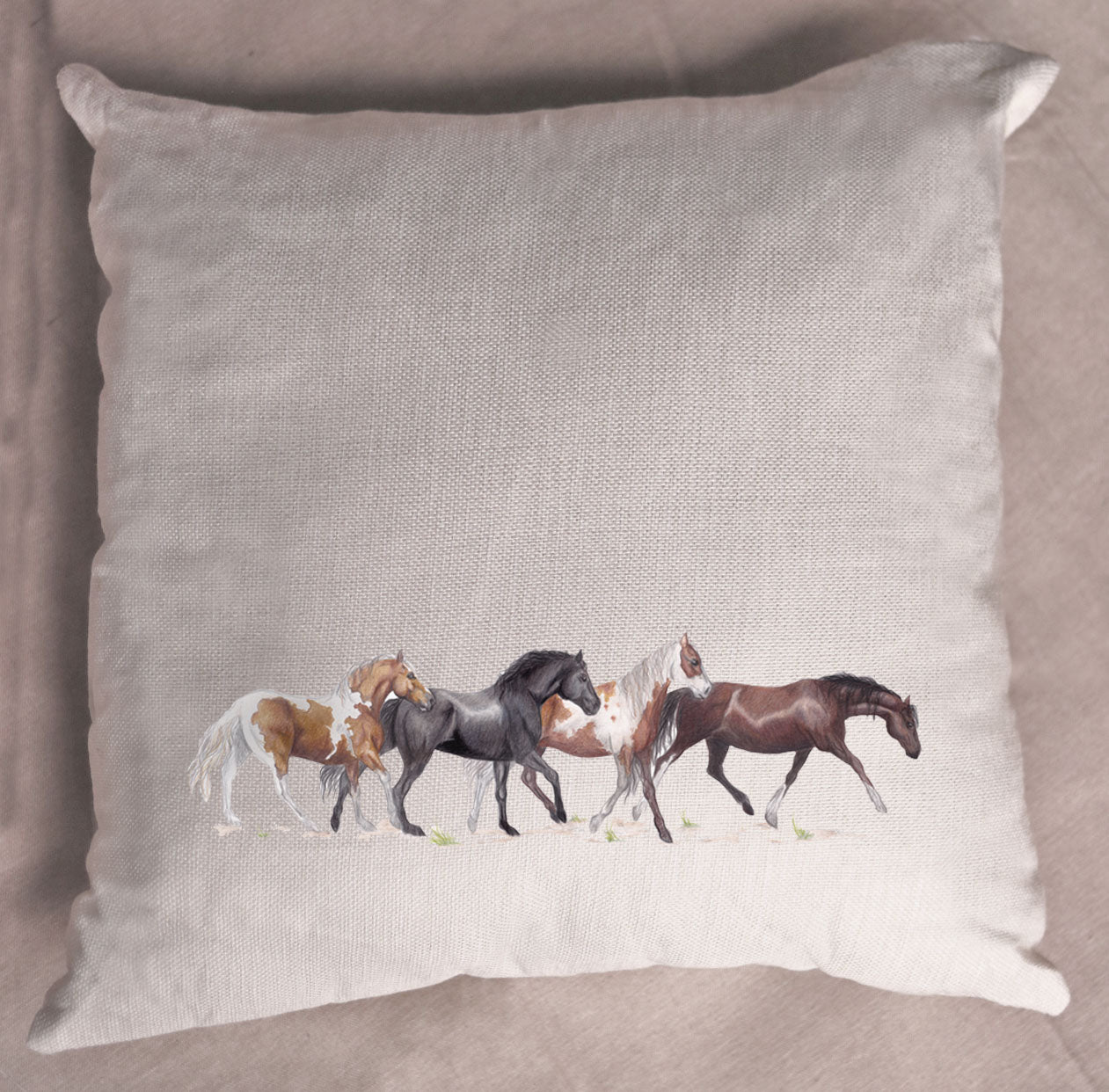 Linen Wild Horses Cushion Cover