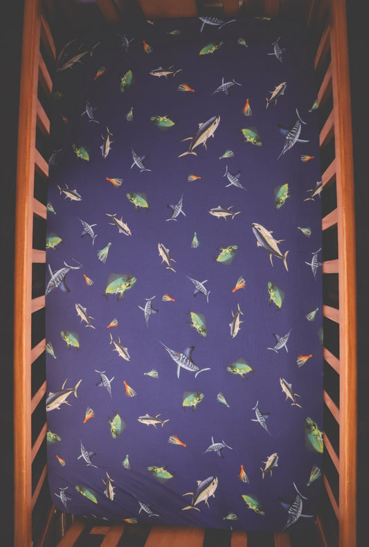 Big Game Fishing - Bamboo Fitted Cot Sheet - Deep Blue