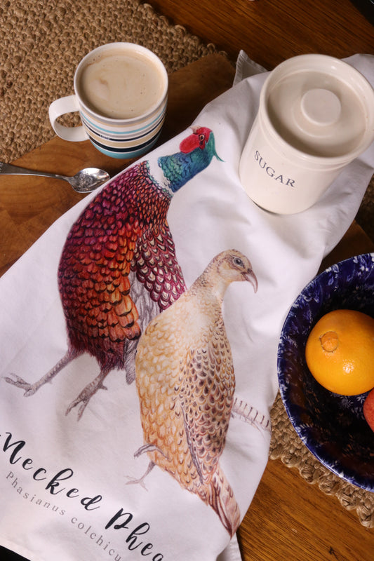 Pair of Ring-Necked Pheasants NZ Tea Towel - White