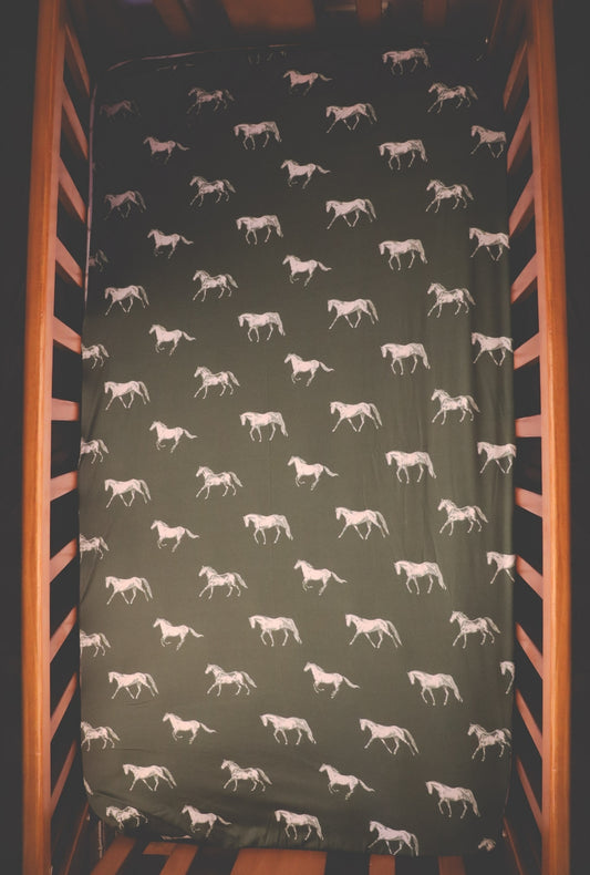 Vintage Horses - Bamboo Fitted Cot Sheet - Olive
