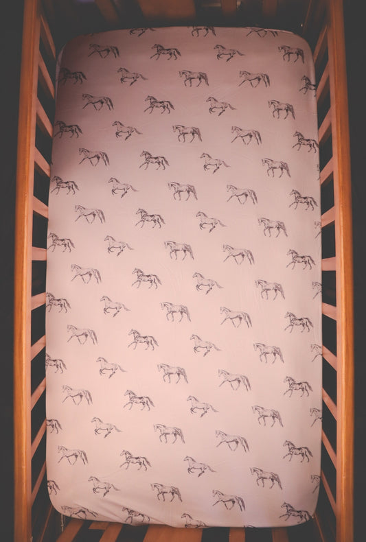Vintage Horses - Bamboo Fitted Cot Sheet - White