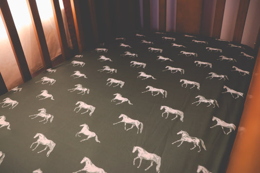 Vintage Horses - Bamboo Fitted Cot Sheet - Olive