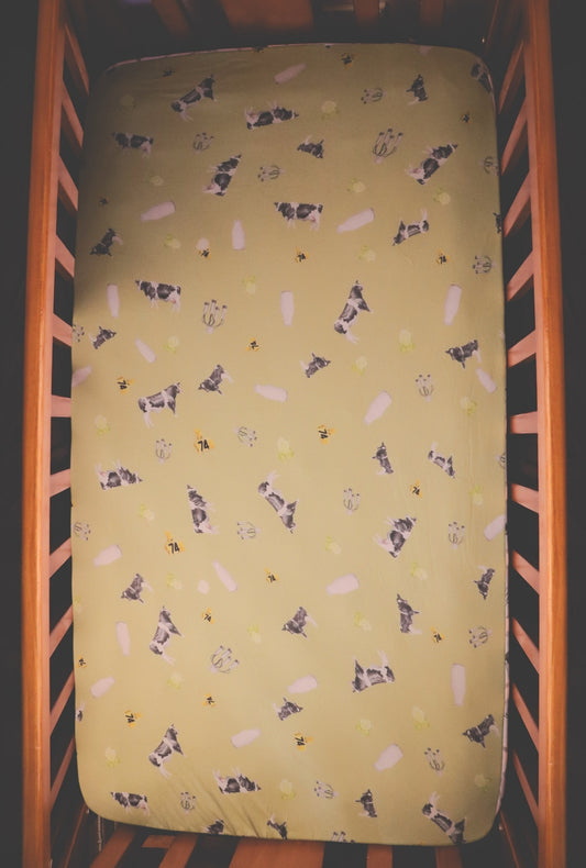 Friesian Cow - Bamboo Fitted Cot Sheet - Grass Green