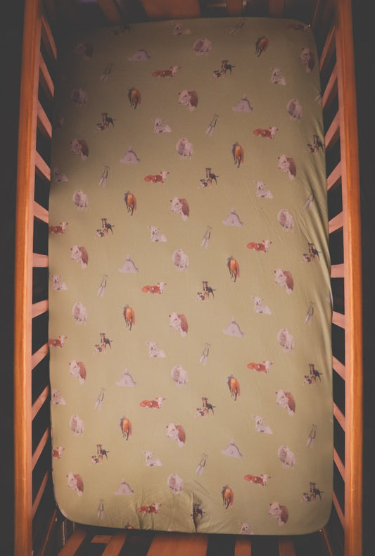 Sheep & Beef - Bamboo Fitted Cot Sheet - Sage