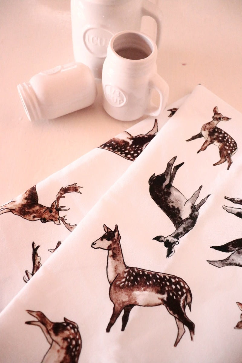 Hand drawn designed linen tea towel to be linked to seo website sample,,homewares unique to NZ featuring New Zealand hunting,fishing and game birds,art for the kitchen that makes the perfect unique kiwiana gift idea inspired by the NZ outdoors.