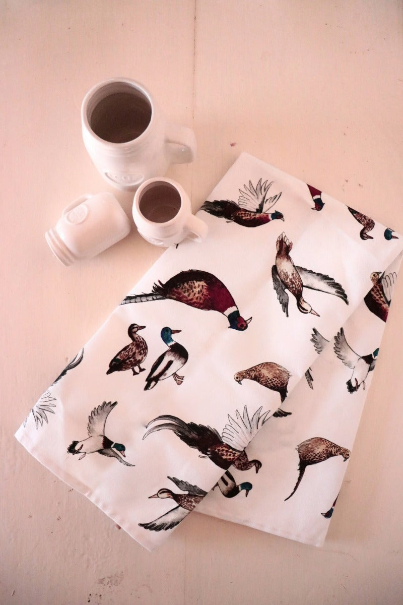 hand drawn NZ design linen tea towel to be linked to seo website sample unique gamebird tea towel sold by little fallow New Zealand