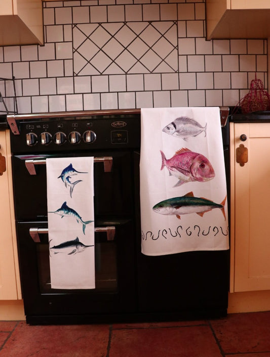 hand drawn NZ design linen tea towel to be linked to seo website sample unique fishing tea towel sold by little fallow New Zealand
