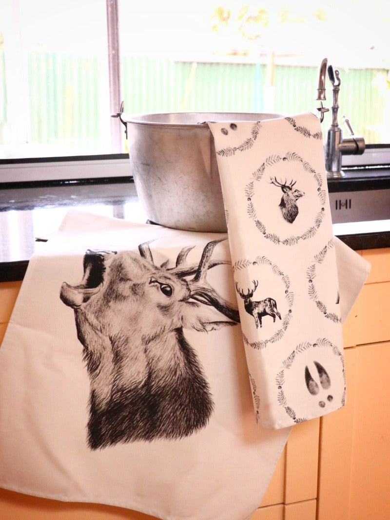 hand drawn NZ design linen tea towel to be linked to seo website sample unique hunting tea towel sold by little fallow New Zealand