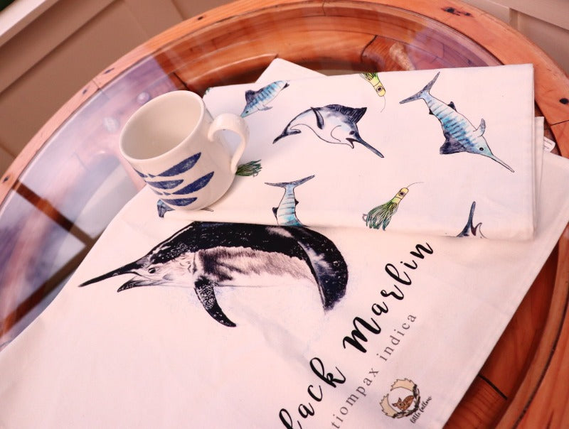 hand drawn design tea towel to be linked to seo website sample unique game fish tea towel sold by little fallow NZ New Zealand