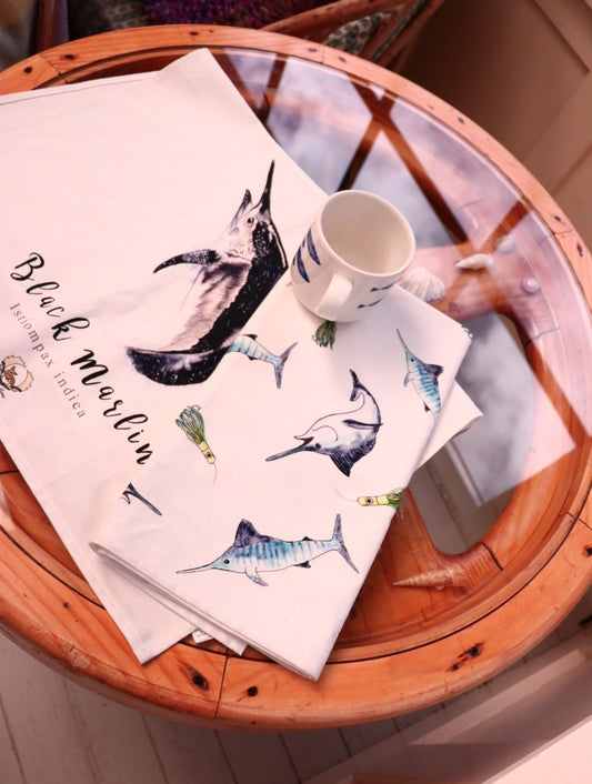 hand drawn NZ design linen teatwoel to be linked to seo website sample unique fishing tea towel sold by little fallow New Zealand