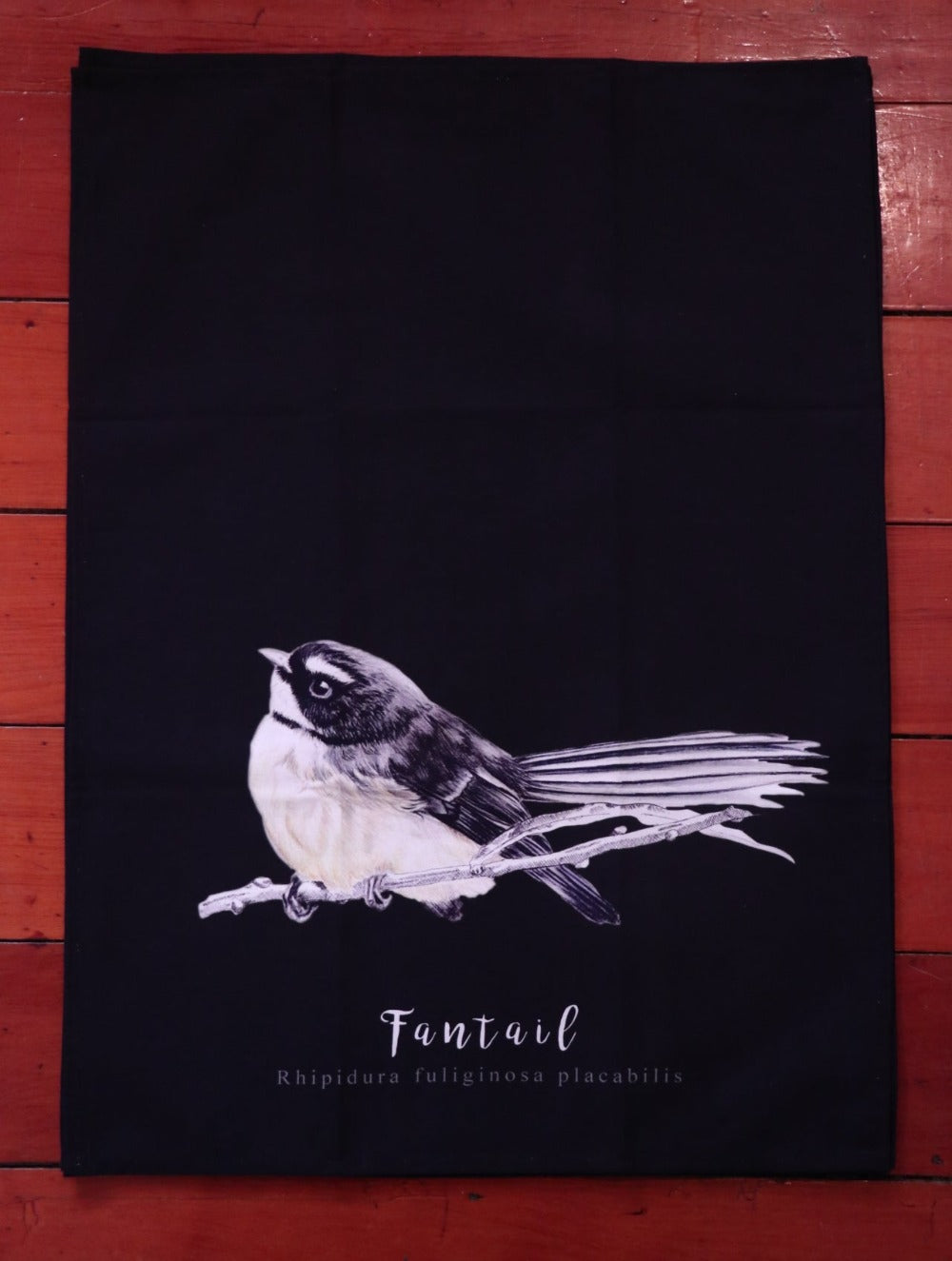 Fantail NZ Teatowel to be linked on the SEO website sample.cute native bird fantail tea towel sold by little fallow NZ New Zealand with unique hand drawn designs