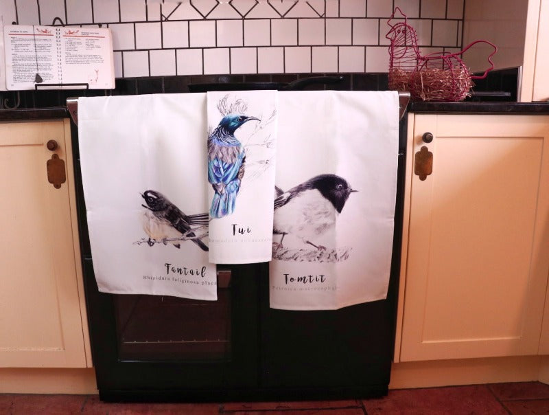 Hand drawn designed linen tea towel to be linked to seo website sample,homewares unique to NZ featuring New Zealand native birds,art for the kitchen that makes the perfect unique kiwiana gift idea inspired by the NZ outdoors