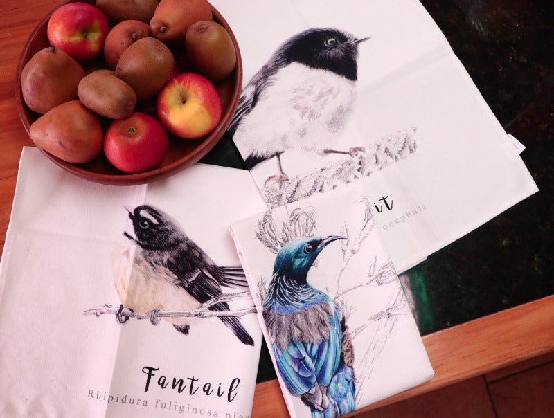 Hand drawn designed linen tea towel to be linked to seo website sample,homewares unique to NZ featuring New Zealand native birds,art for the kitchen that makes the perfect unique kiwiana gift idea inspired by the NZ outdoors