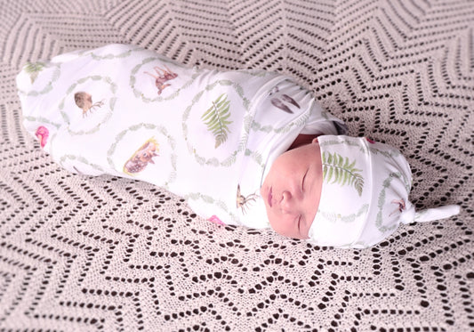 Whimsical Ferns - Bamboo Swaddle Wrap + Beanie - White