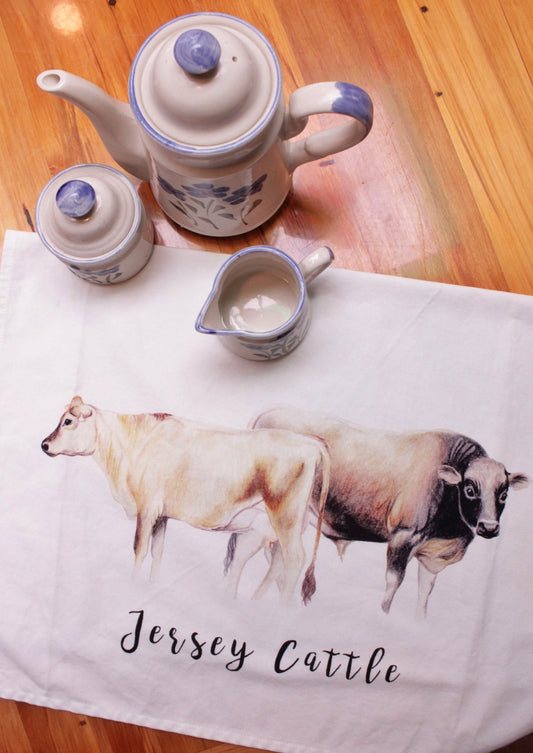 Jersey Cattle Fine Art NZ Tea Towel - White