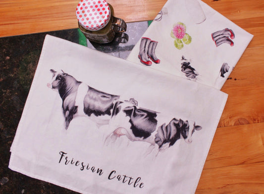 Friesian Cattle Multi Print NZ Tea Towel - White