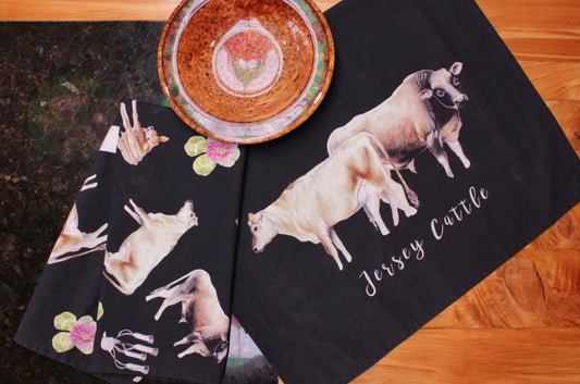 Jersey Cattle Fine Art NZ Tea Towel - Black