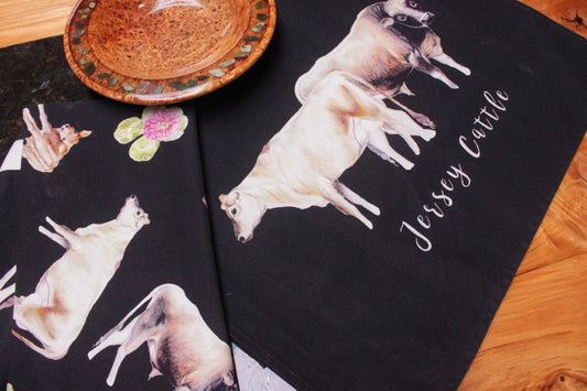 Jersey Cattle Multi Print NZ Tea Towel -Black