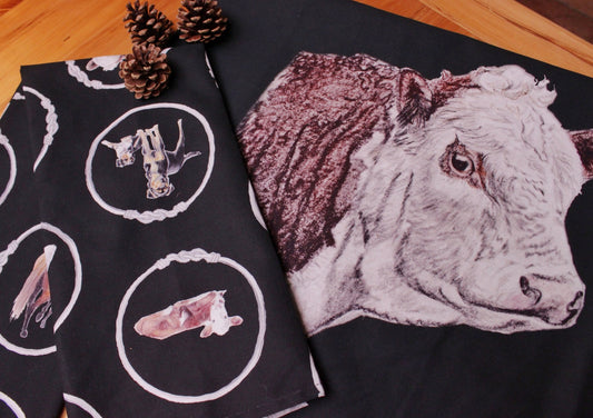 Hereford Bull Fine Art Tea Towel -Black