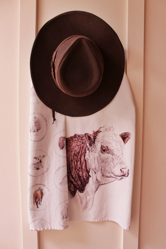 Hereford Bull Fine Art Tea Towel - White