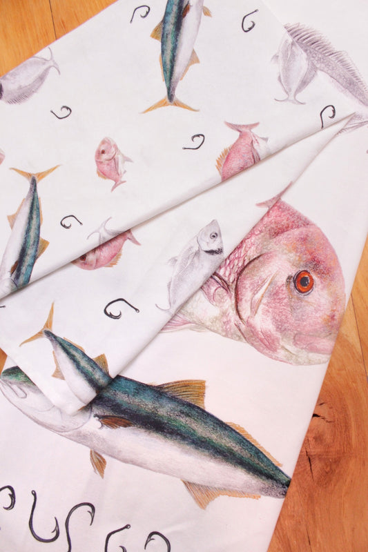 Fish Trio Multi Print NZ Tea Towel - White