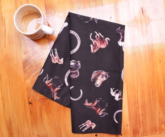 Horses Multi Print NZ Tea Towel - Black