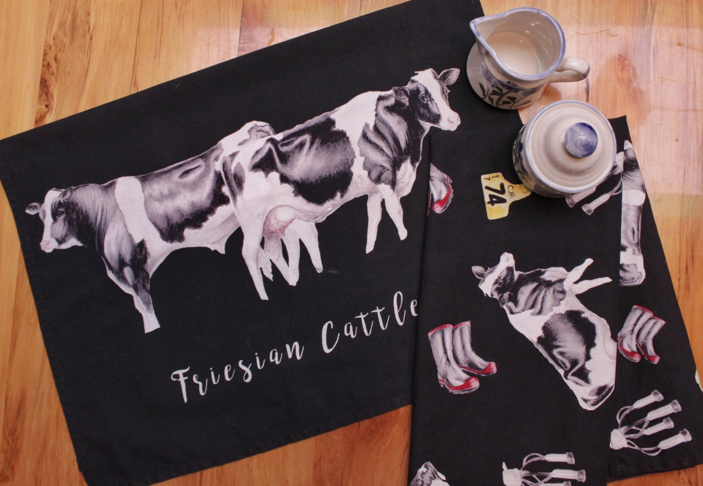 Friesian Cattle Fine Art NZ Black Tea Towel