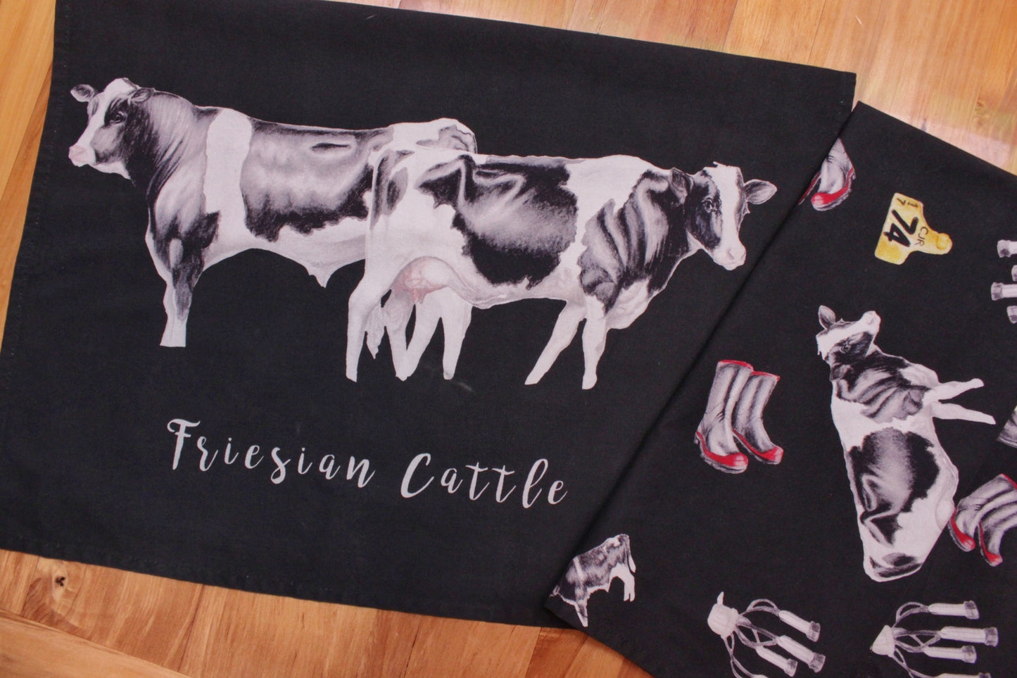 Friesian Cattle Multi Print NZ Tea Towel -Black